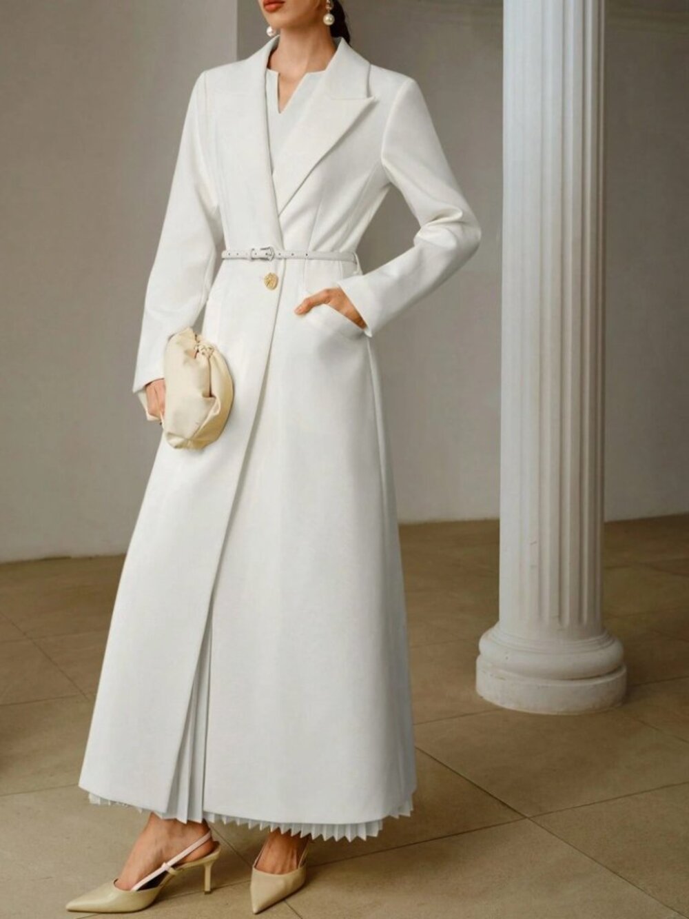 White Long Tailored Coat with Double Breasted Buttons - Picture 5 of 7